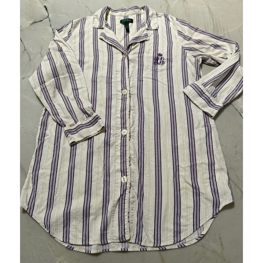 Lauren Ralph Lauren Cotton Striped Sleep Shirt Nightgown Purple White XL